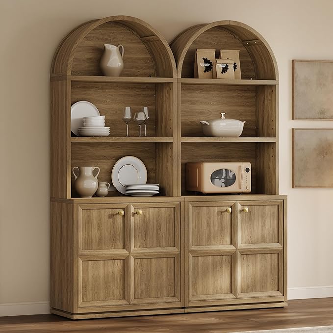 SICOTAS 81" Tall Arched Bookcase with Doors, Large Bookshelves with Storage, Modern 5-Tier Arched Cabinet with Adjustable Shelves & Cable Management for Home Office, Library, Brown Oak, 3 PCS