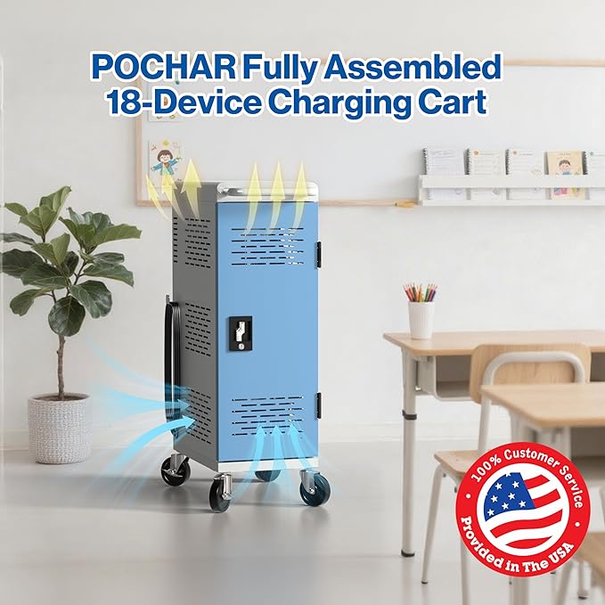 Fully Assembled 18-Device Charging Cart for Chromebook - Locking Laptop Cabinet with Cable Management, Cord Organization, Power Strip - Locks and Stores Tablets up to 14'' and 1.4'' Thick (Gray)