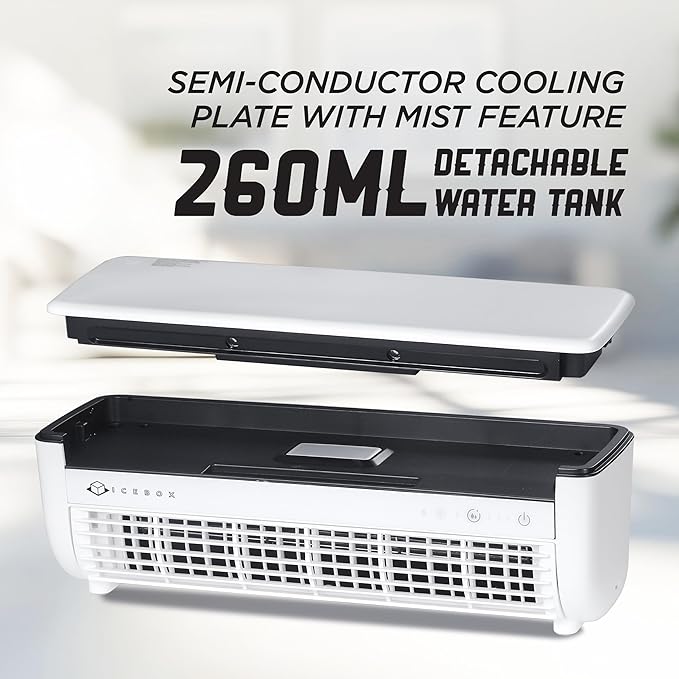 IceBox Cooling Mist Fan, Small Portable Fan with Evaporative Humidifier, For Desk or Wall Mount, 3 Speeds, 8.8oz/260ml Tank, 8-Hour Runtime per Charge, Remote, USB-C, IBCF200W, White/Gray