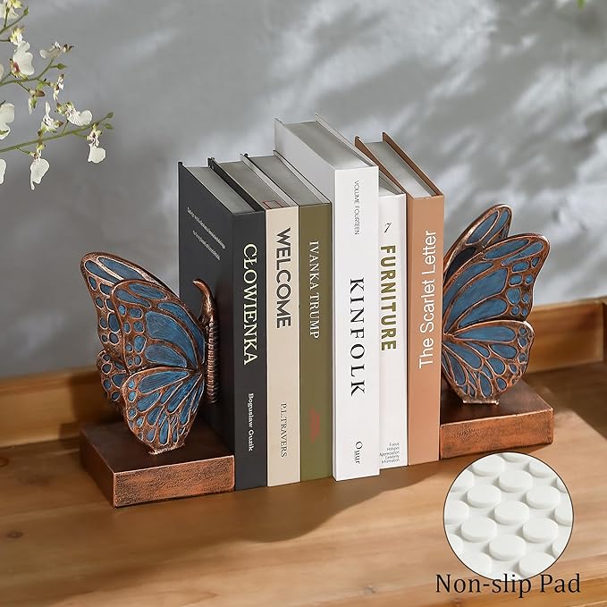 Blue Butterfly Bookends - Creative Book Stopper, Vintage Heavy Duty Book Ends, Decorative Bookends for Heavy Books