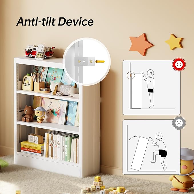 3-Tier Bookshelf with Adjustable Shelf, Metal Bookcase with Anti-Tip Kit & Book Stopper, 39.4" H Inch Small Bookcase for Living Room, Office, Small Spaces (White(3-Tier Bookshelf))