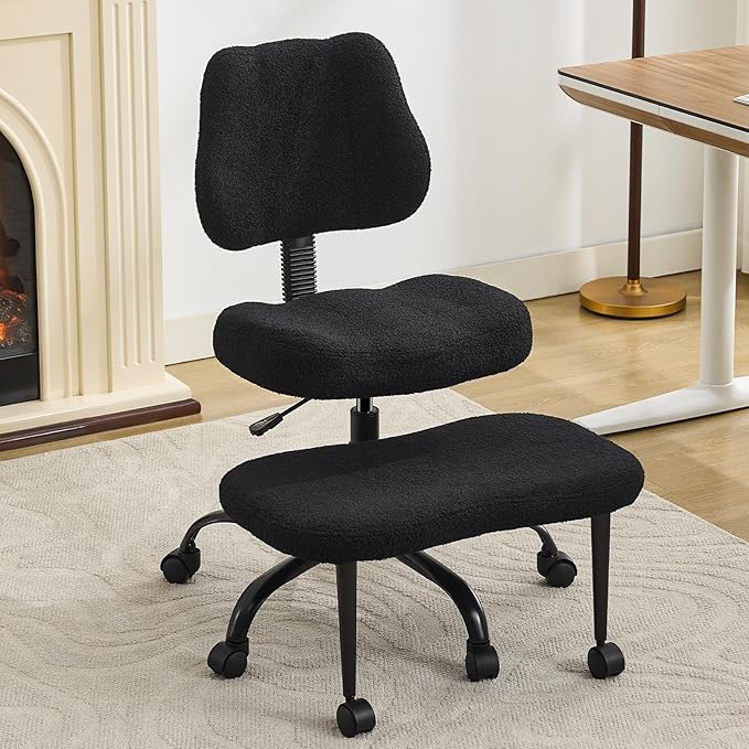 Ergonomic Criss Cross Legged Office Chair, ADHD Chair, Wide Height Adjustable Seat 360° Swivel Footstool with Wheels, PU Leather Meditation Kneeling Chair, for The Restless Home Workers, Black