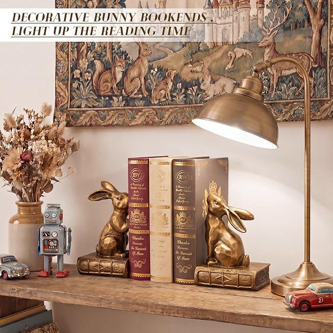 Tatuo 2 Pcs Decorative Rabbit Bookends for Shelves, Bunny Gift Book Ends for Heavy Books Animal Stopper Retriever Statues Bookends with Anti-Slip Base for Book Lover Home Bookshelf, Bronze