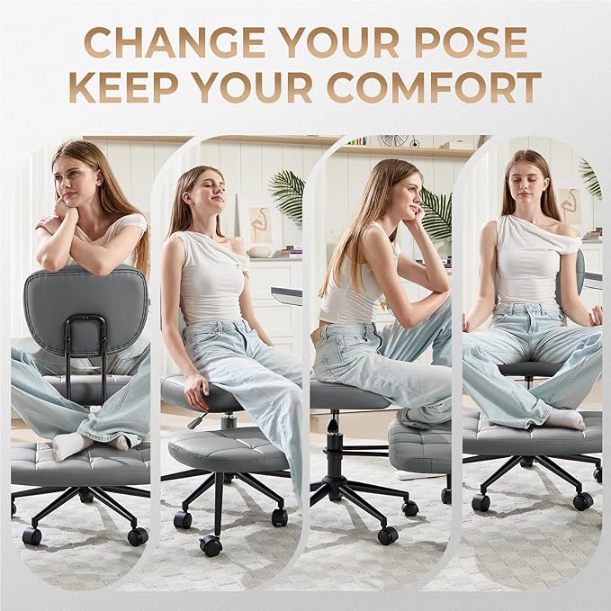 Criss Cross Chair Armless Office Chair for Cross Legged Sitting, 300lb Heavy Duty Ergonomic Desk Chair for ADHD, Adjustable Meditation Yoga Kneeling Chair with Brake Wheels for Home Office (Grey)