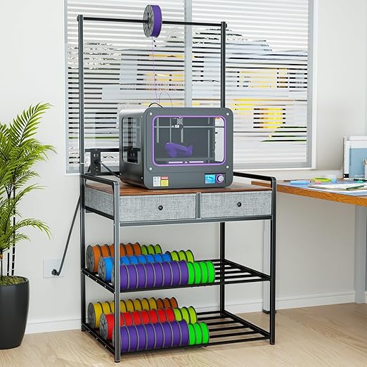 DALEMHOME 3D Printer Stand with Storage, 3D Printer Table with Power Outlet & Filament Rack, Heavy Duty Metal Workstation with Drawers for 3D Printing, Rustic Brown, 31.5" L x 23.6" W x 63" H