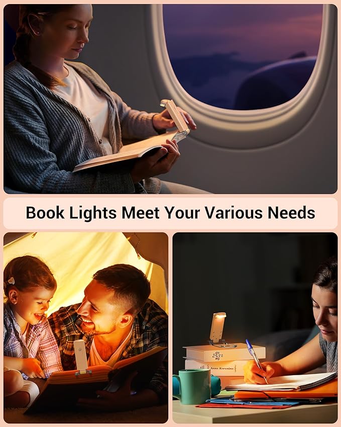 DEWENWILS USB Rechargeable Book Light, LED Clip on Reading Lights for Books in Bed at Night, Portable Bookmark Lamps, 4 Brightness Adjustable, Perfect for Bookworms, Kids (Peach Fuzz)