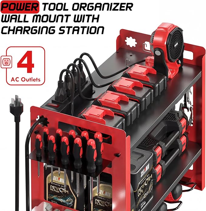 TOPRINCE Power Tool Organizer Wall Mount with Charging Station, 3-Tier Heavy Duty Metal Tool Rack with 4 Drill Holders and 6FT Power Strip, Garage Workshop Storage.Red