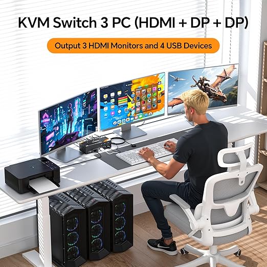 KCEVE 8K KVM Switch 3 Monitors 3 Computers Displayport HDMI, USB 3.0 KVM Switch Triple Monitor 4K@144Hz 8K@60Hz for 3 Computers Share Keyboard Mouse, Wired Remote(8K HDMI DP 3 in 3 Out KVM)