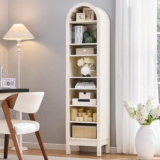 IFGET 71" Tall Arched Bookshelf, 8 Tiers Arch Bookcase with Storage, Modern Farmhouse Book Shelf with Adjustable Shelves, Wood Bookshelf w/Open Display Shelves for Living Room, Office (Antique White)