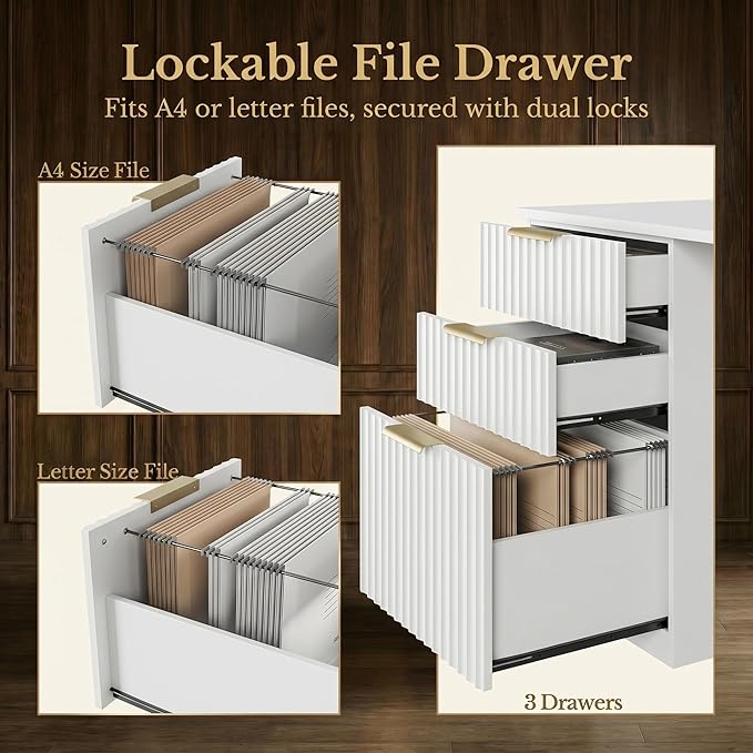 63 Inches L Shaped Standing Desk, Executive Standing Desk with Drawers and File Cabinet, AC/USB, 1.18" Desktop, Multi-Sized Storage Cubby, Privacy Panel, Fluted Computer Desk, White