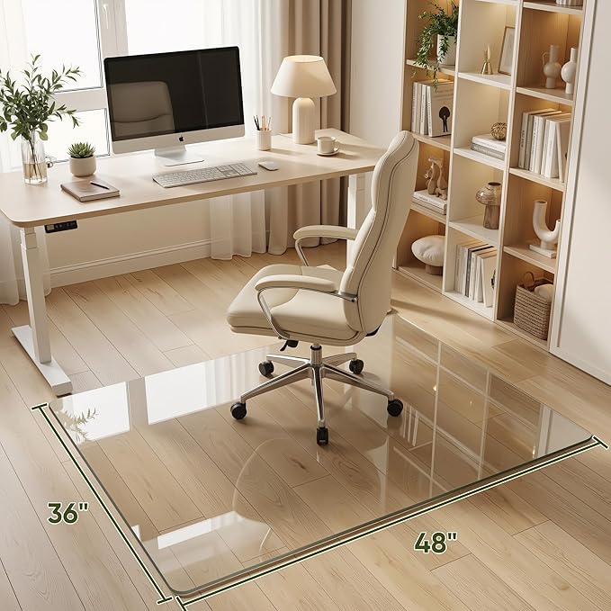 Tempered Glass Chair Mat for Hardwood Floor, 36" x 48" Heavy Duty Glass Office Chair Mat, for Low Pile Carpet, 0.2" Thick with 4 Non-Slip Pads, Smooth Rolling for Home & Office