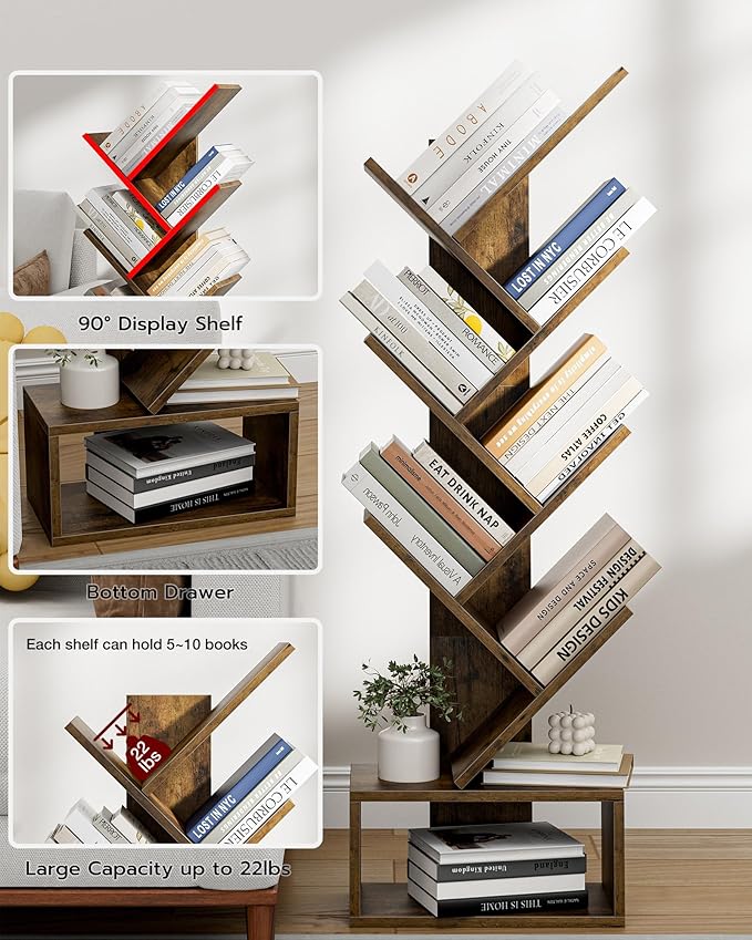 6 Tier Tree Book Shelf - Small Bookshelf Decor, Corner Bookshelf, Living Room Storage, Tall Narrow DVD & CD Shelf Storage Bookshelves, Comic Bookcases Standing for Bedroom or Office, Rustic Brown