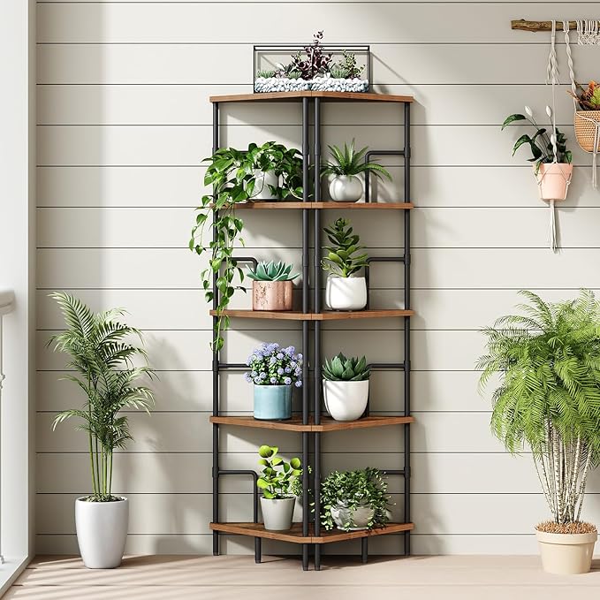 MAHANCRIS 52.8" Corner Shelf, 5-Tier Industrial Corner Bookshelf with Metal Frame, Small Plant Stand, Display Shelf for Living Room, Bedroom, Home Office, Small Spaces, Rustic Brown CSHR5501