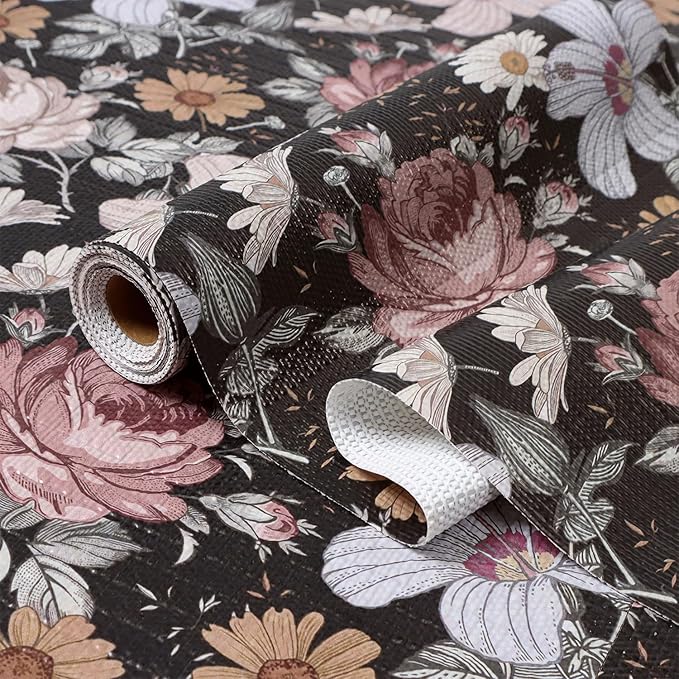 Black Retro Floral Shelf Drawer Liner for Kitchen Cabinets Non-Adhesive, Waterproof Strong Non-Slip Shelf Cabinet Drawer Liners for Dresser Table Cupboard Liners,Easy to Clean,12IN x 10FT