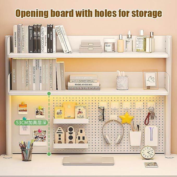 Clamp On Desk Extension Shelving Unit for Table Accessories Adjustable Clip On Storage Tray with Perforated Board and Hooks for Desk Organizer, L31.4in, H 38cm/14.9in