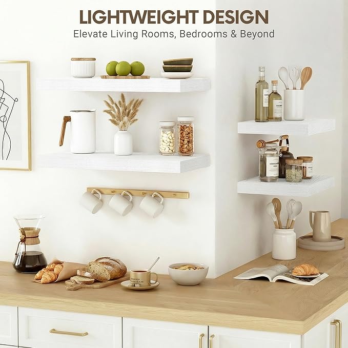 Vivelove 10 in Deep Floating Shelves for Wall, 36" x 10.2" x 1.5" Shelves for Room Wall Mounted, 1.5 Inch Thick Shelf for Bathroom Bedroom Kitchen Book Room, Modern Farmhouse Decor, Set of 2, White