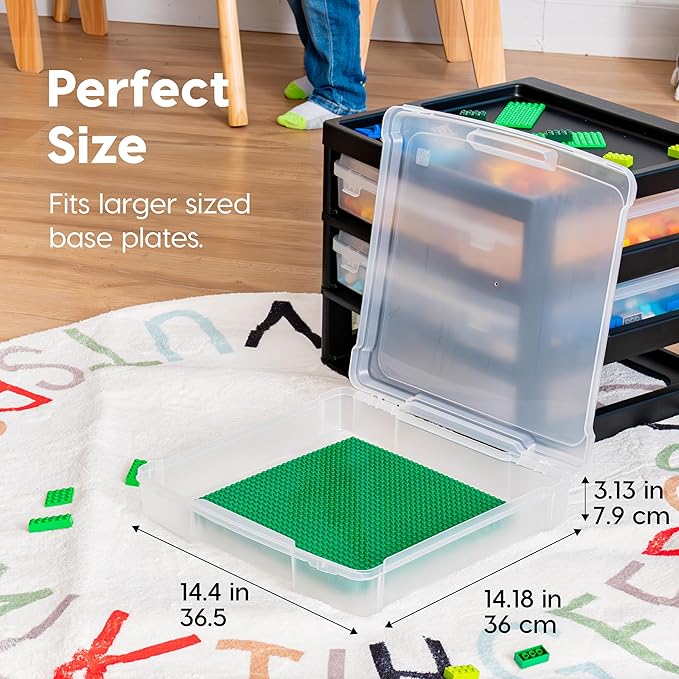 IRIS USA Fits 12" x 12" Paper, 3-Tier Desk Top Storage Unit with Organizer Top, for Office Art & Craft Supplies, Pens Pencils Sticky Notes Paper Clips, 3 Clear Cases w/ Built in Handle - Black/Clear