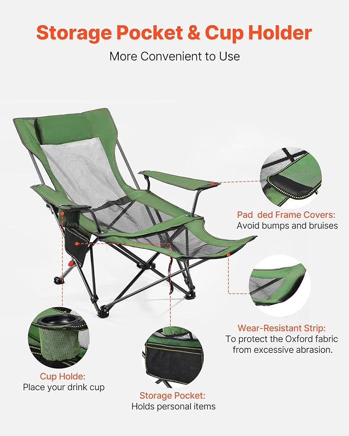 VEVOR 2-in-1 Reclining Camping Chair with Footrest for Adults, 4 Adjustable Positions, Portable Folding Lounger, Lightweight Mesh Beach Chair Supports 220lbs, Heavy Duty Camp Chairs Outdoor, Green