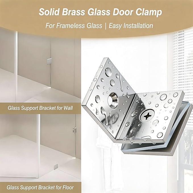 Brass Glass Clamp, for 5/16"–1/2" (8–12mm) Glass, Wall or Floor Mount Fixed Clips, Chrome Finish