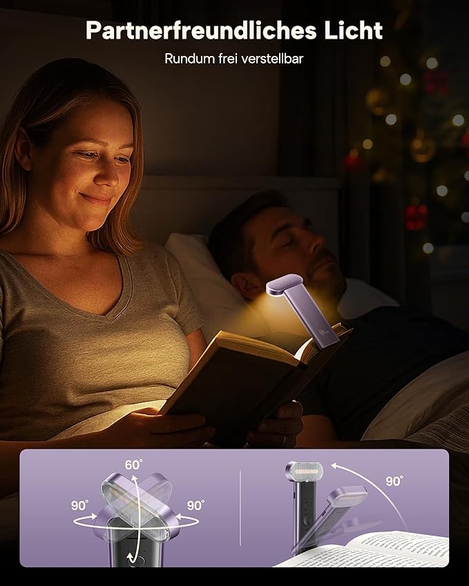 86lux Book Light, Reading Light for Book in Bed, USB Rechargeable LED Night Light with 3 Colors & Stepless Dimming, Aluminum Alloy Bookmark Light for Book Lovers, Lavender