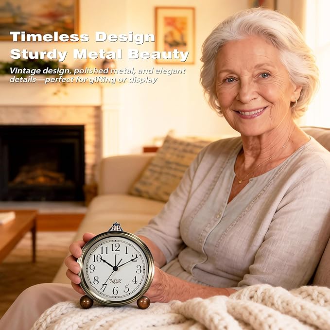 AYRELY® 5.3" Vintage Analog Alarm Clock, Battery Operated Metal Desk Clock, Retro Table Clock with Light for Living Rooms, Bedrooms, Shelf, Home Decor (Gold)