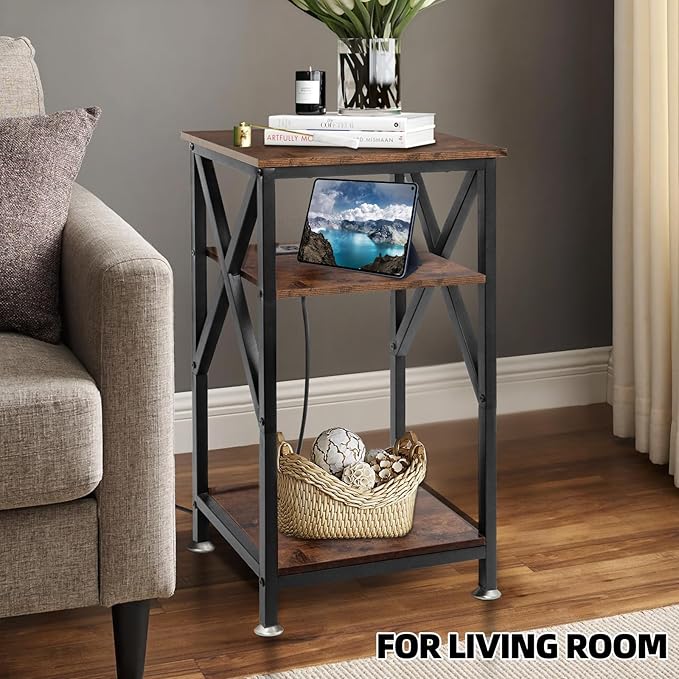 TooCust End Table with Charging Station, End Tables Living Room Set of 2 Farmhouse, 12" D x 16" W x 28" H, 28 inch Tall Side Tables, Rustic Wood End Tables, Couch Side Tables Set of 2