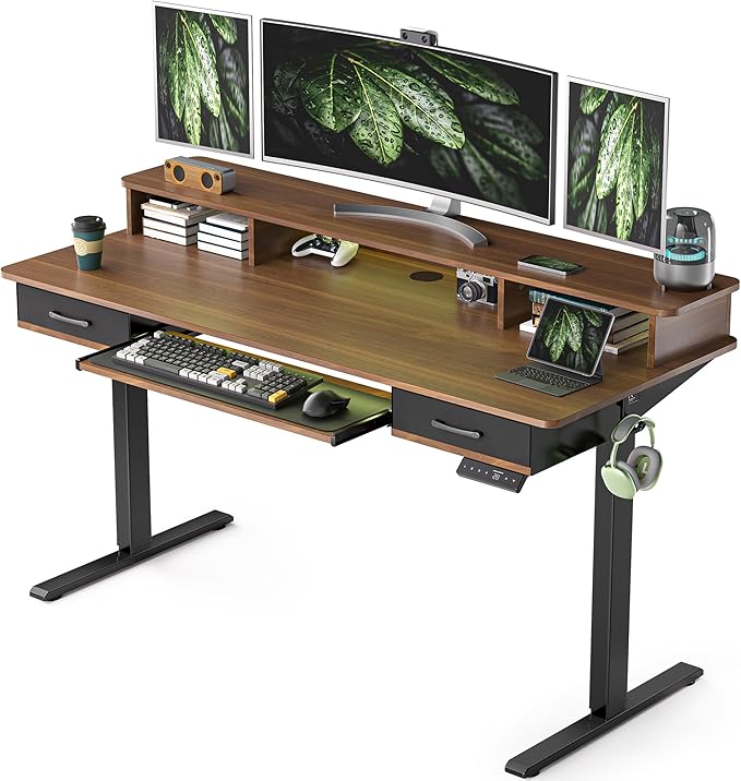 WALKINGDESK 55 Inches Electric Standing Desk with Keyboard Tray, Height Adjustable Sit to Stand Table with 2 Drawers, Ergonomic Home Office Desk with Storage Shelf, Computer Table, Black Walnut