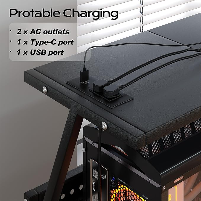 24In Large PC Stand, 5 Levels Height Adjustable Computer Tower Stand with Charging Station, Wheels and Hooks, CPU Holder Cart for Floor, Carpet and Under Desk, Easy Assembly（with Power Strips）