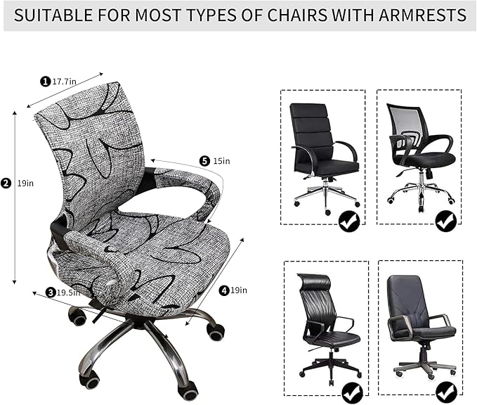 Waterproof Office Chair Cover with Armrest Cover 18Inch Wide Stretch Printed Floral Small Desk Computer Chair Covers with Long Zipper Arm Slipcovers Washable