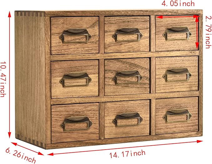 KIRIGEN Wooden Desk Storage Cabinet with 9 Mini Drawers, Solid Wood Desktop Organizer with Metal Label Handles for Office Supplies, Crafts, Tea Bags, Makeup, Brown 9CG-DBR