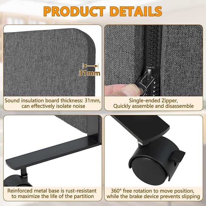 72"x66" Soundproof Room Divider Panel with Wheels, Office Partition Wall 3 Panel Portable Room Temporary Wall Privacy Screen for Office Home Classroom Divider Freestanding Dark Gray