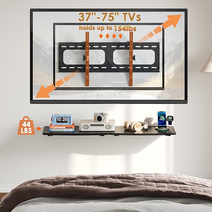 3-in-1 TV Wall Mount & Floating Shelves Kit, Fits 37–75" TVs, Wall-Mount TV Bracket with 2 Wooden Shelves, Max VESA 600×400 mm, for Living Room, Game Room, Bedroom