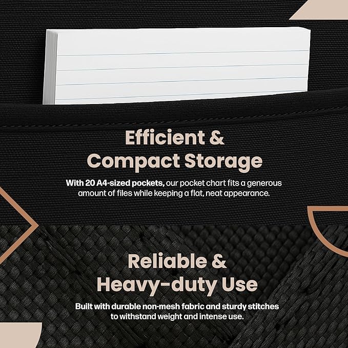 Hippo Creation Heavy Duty Storage Pocket Chart for Classroom, 20 Pocket Storage Organizer with 4 Over-Door Hangers, Hanging Wall Organizer for File Folders, School Mailbox, Home Office Papers - Black