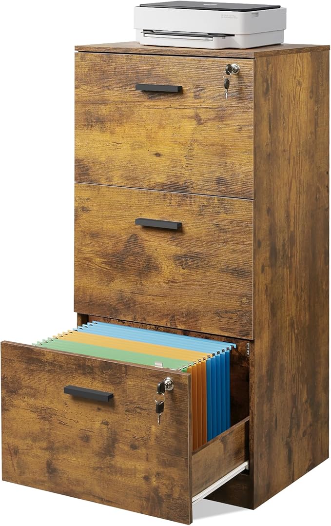 DEVAISE 3 Drawer File Cabinet with Lock, Vertical Wood Filing Cabinet for Office Storage, Printer Stand for Filing Cabinets for Home Office, Rustic Brown