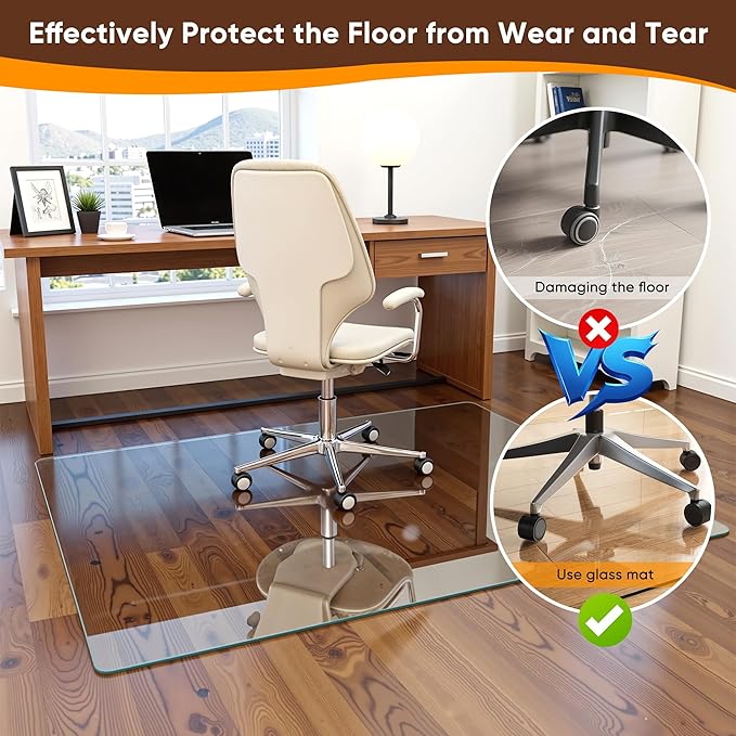 Antok Tempered Glass Chair Mat, 48"x72" Office Chair Mat for Carpet & Hardwood Floors, Heavy Duty 1/5" Desk Chair Mat for Smooth Rolling at Home or Office