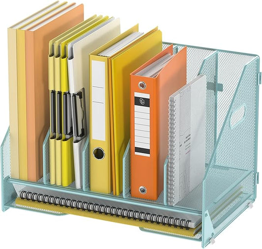 Docnest Desk File Holder Sorter, 5 Vertical Compartments Rack with Letter Tray, Mesh Magazine File Holder with Handle,Workspace Organizers,Desk Organizers for Paper, Mail, Documents-Blue