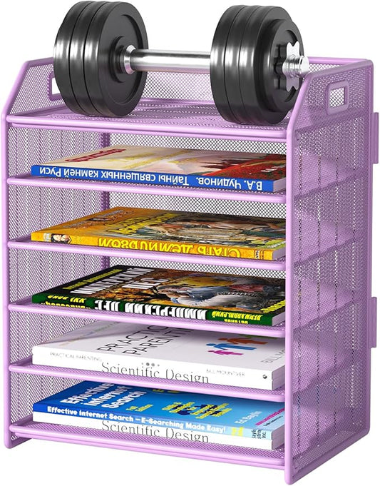 6 Tier Desk Organizer, Heavy-Duty Thick Metal Letter Tray Organizer, Large Capacity Desktop File Organizer for Heavy Files, Easy to Assemble for Home, Office & Classroom,Black,Purple