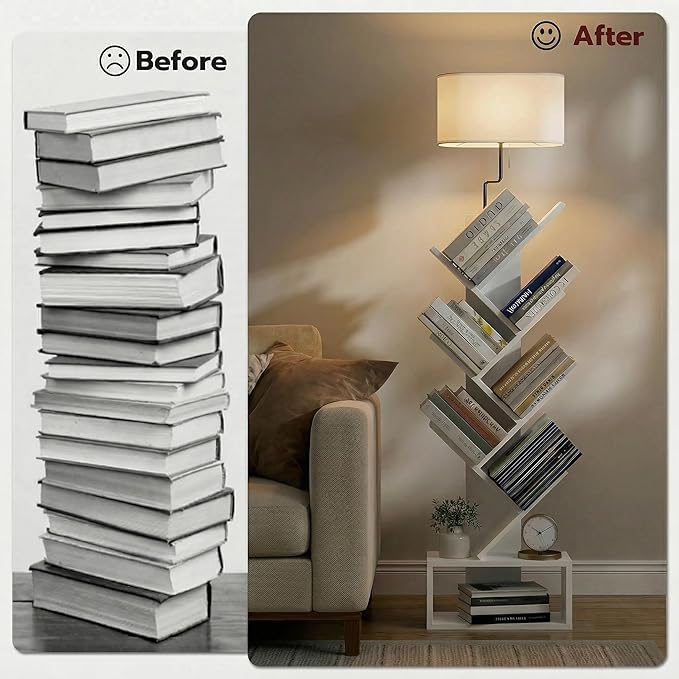 XBurmo 6 Tier Tree Bookshelf with Lights - Small Bookshelf Decor, Corner Bookshelf with Lamps, Living Room Storage, Tall Narrow DVD & CD Shelf, Comic Bookcases Standing for Bedroom or Office, White