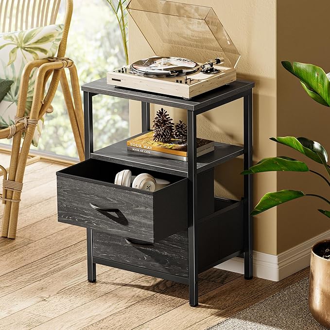 Huuger Night Stand Set of 2, Nightstand with 2 Drawers, Bed Side Table with Open Shelf, Wooden Top, End Table, Fabric Drawer with Charcoal Black Wood Grain Print, for Bedroom