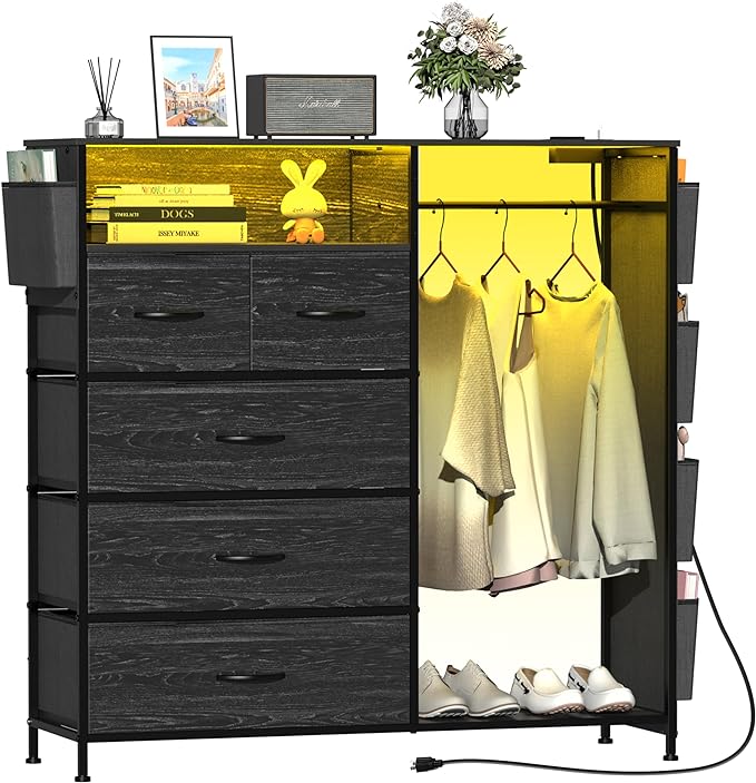Espelism Dresser for Bedroom with Clothes Rack Side Pockets 5 Drawer Dresser with Charging Station LED Lights Black Storage Chest of Drawers for Nursery Hallway Closet Sturdy Steel Frame Wood Top