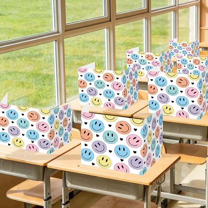 Whaline 24Pcs Student Desk Privacy Boards Classroom Desk Divider Smile Face Shield Privacy Panel Folders Screen Partition for School Teacher Student Test Supplies