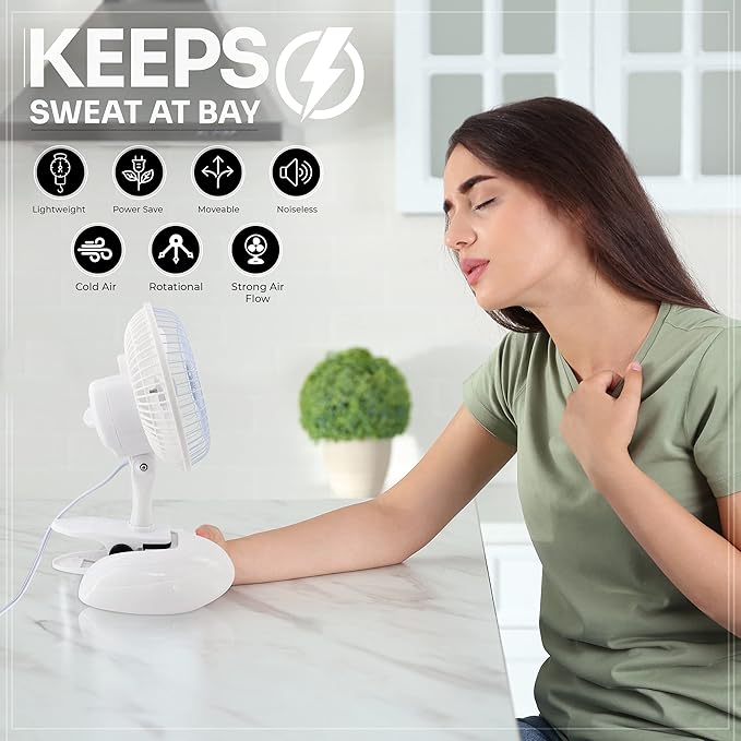 RamPro Portable Desk and Clip on Fan, 6 Inch Fans Small and Quiet Plug In, Small Personal Cooling Fan for Desk Home Bedroom Office, 2 Speed, Adjustable Tilt, White