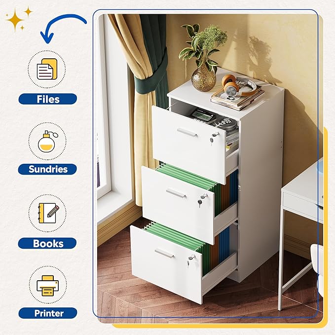 DEVAISE 3 Drawer File Cabinet, Vertical Wood Filing Cabinet for Home Office, Office Printer Stand for Letter and A4 Size, White