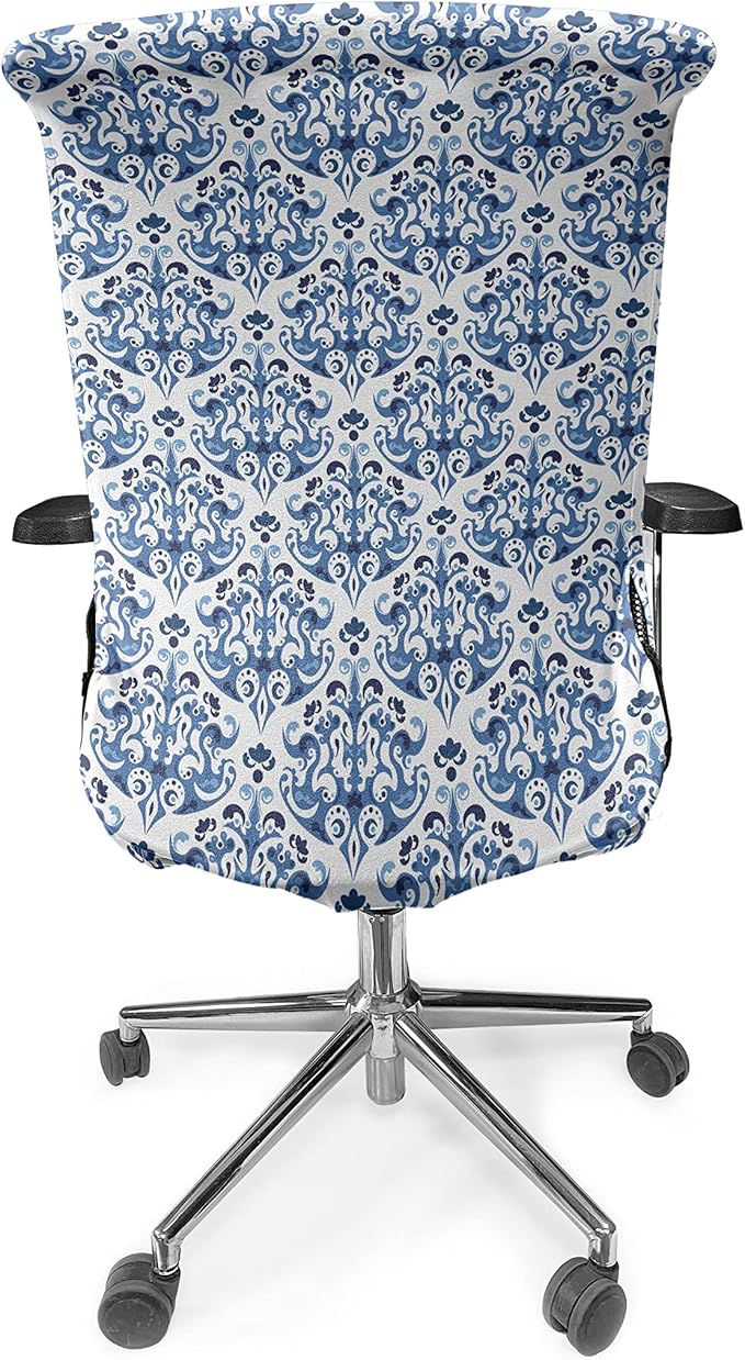 Ambesonne Indigo Office Chair Cover, Victorian Style Floral Design Vintage Print, Stretchable Decorative Universal Size High Back Printed Slipcover, Azure Blue