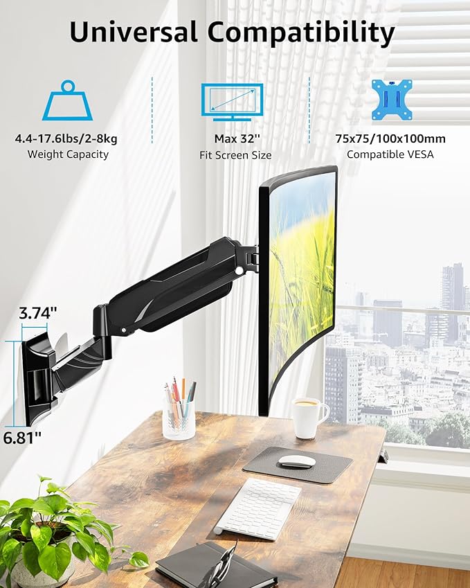 MOUNTUP Monitor Wall Mount for 17-32 Inch Computer Screen, Wall Mounted Arm Support 4.4-17.6lbs Display, Computer Monitor Arm, VESA Bracket for VESA 75x75mm and 100x100mm, Black (Pack of 2)