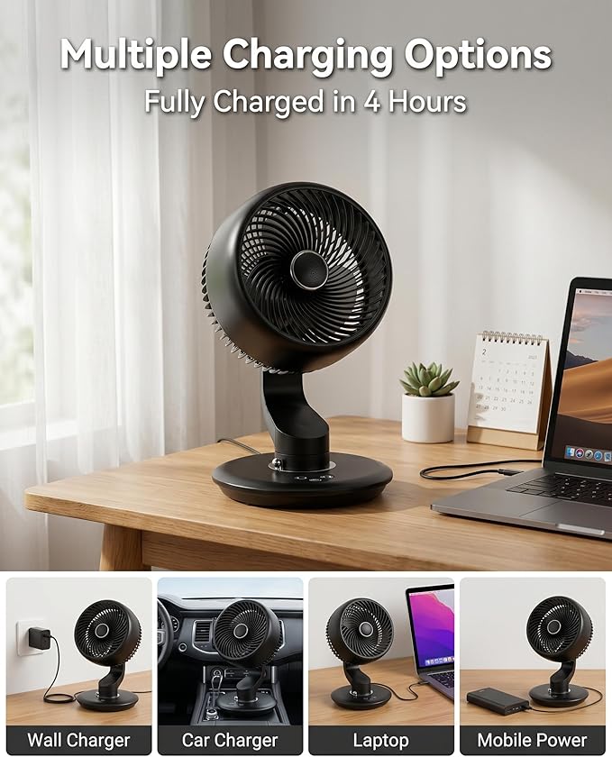 Desk Fan for Office, Rechargeable Air Circulator Fan for Bedroom Cooling, Ultra Quiet Battery Powered Table Fan, 5 Speeds, 9H Timer & 120°Oscillating Smart Portable Fan for Dorm, Home, Kitchen