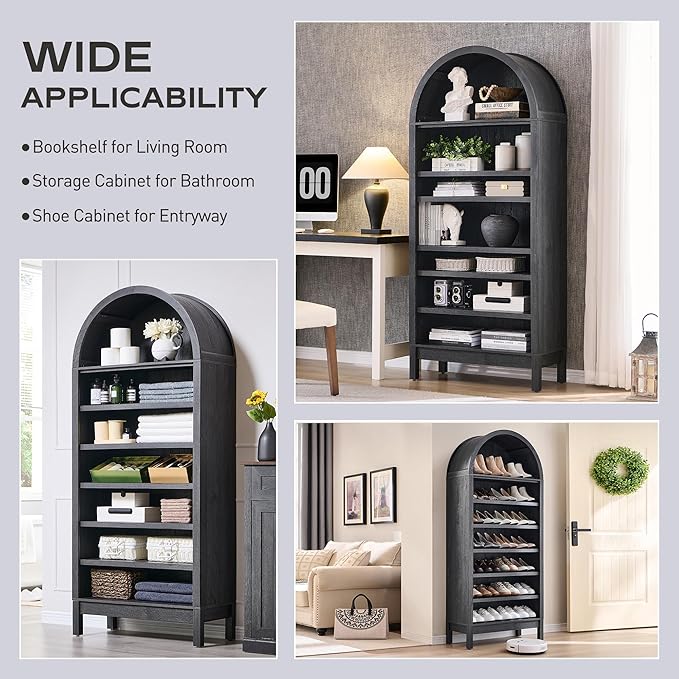 IFGET 71" Tall Arched Bookshelf, 7 Tiers Arch Bookcase with Storage, Modern Farmhouse Book Shelf with Adjustable Shelves, Wood Bookshelf w/Open Display Shelves for Living Room, Office (Dark Grey)