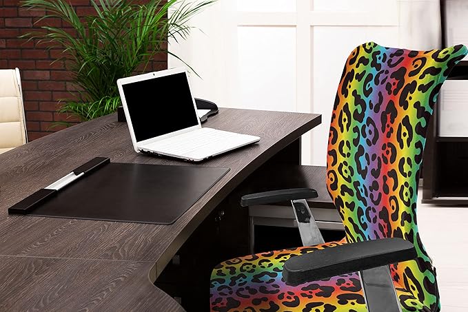 Ambesonne Leopard Print Office Chair Cover, Modernized Panther Leo Skin Wild Big Cats in Gradient Rainbow Tones Print, Stretchable Decorative Universal Size High Back Printed Slipcover, Purple Black