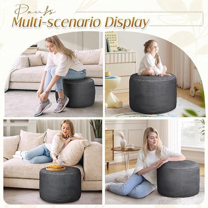 Round Corduroy Ottoman Foot Rest Pouf for Living Room Couch - Soft Plush Shredded Foam Filled Hassock Stool, Comfy Footstool