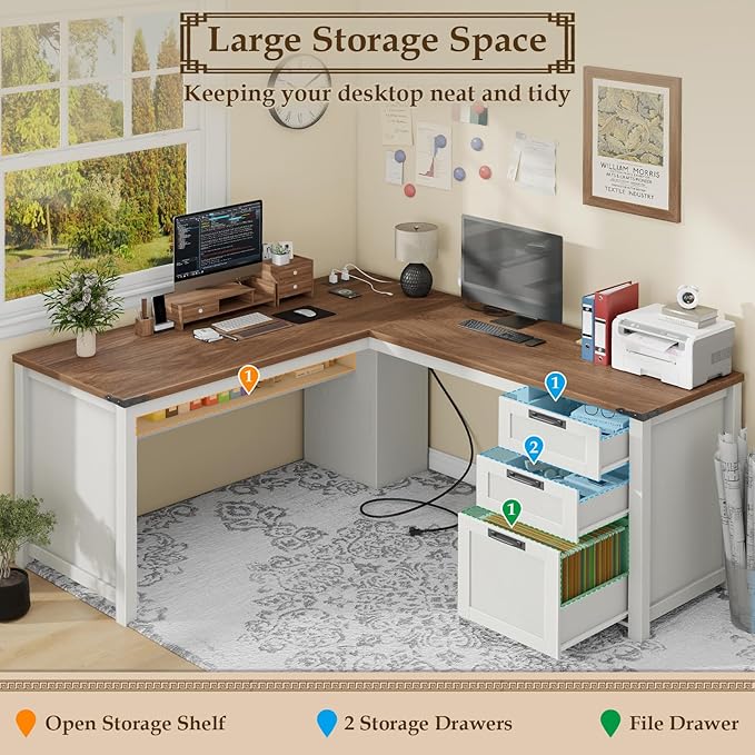 Vabches Farmhouse L Shaped Executive Desk, Corner Computer Desk with Drawers and Storage Shelf L-Shaped Standing Executive Desks with Power Outlets for Home Office, Study, Bedroom (White and Brown)